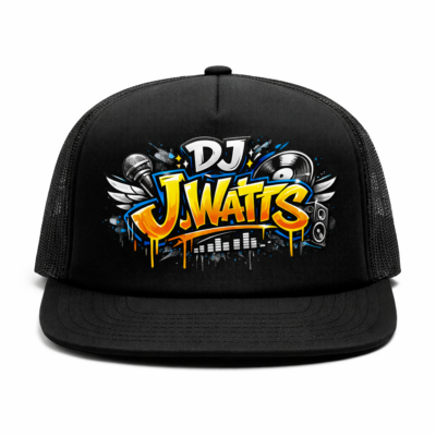DJ J Watts Graffiti Logo Black Trucker Snapback Hat